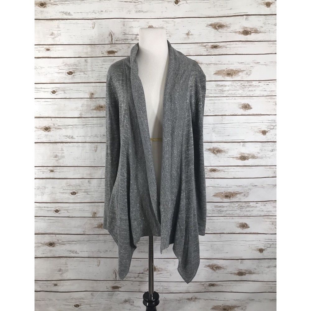 Cache sweater open front cardigan‎ waterfall sparkle metallic gray silver S